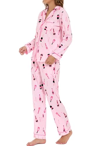Image of LUBOT 100% Cotton Pajamas for Women Pajama Set 2 Piece PJ Sleepwear Set Soft Ladies Button Knit Long Sleeve Loungewear XS-XXL