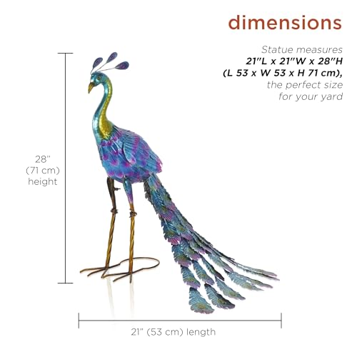 Alpine Corporation 28" Tall Outdoor Metallic Peacock Standing Yard Statue Decoration, Multicolor