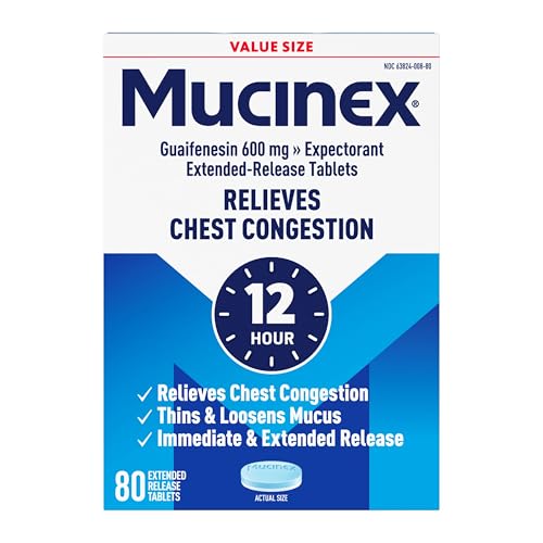 Mucinex 12 Hour 600 mg Guaifenesin Extended-Release Tablets for Excess Mucus Relief Expectorant Aids Excess Mucus Removal Chest Congestion Relief 80 Bi-Layer Tablets