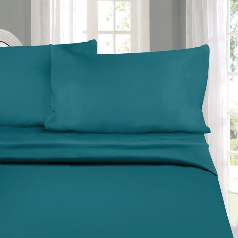 Image of Naksh Exotic Garden Collection Elastic Fitted Bedsheets King Size 78 x 72 Inch, 210 TC Plain Pure Cotton, Teal | 1 King Size Bedsheet with Elastic Fitted and 2 Pillow Covers
