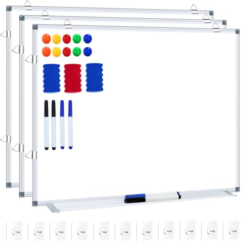 Pizarra blanca de borrado en seco para pared de 24 x 18 pulgadas (3 piezas) pizarras magnéticas para oficina, aula y hogar, pizarra blanca de pared pequeña que incluye 6 marcadores, 10 imanes, 2