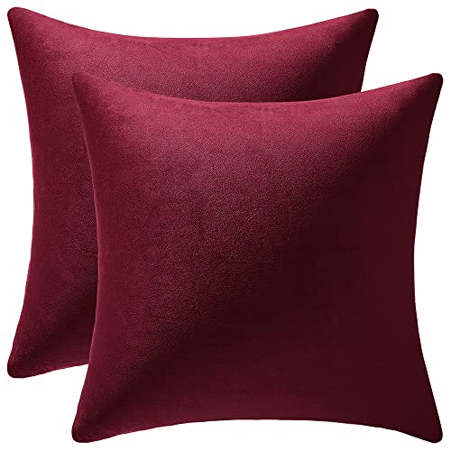 DEZENE Throw Pillow Covers 18x18 Burgundy: Pack of 2 Cozy Soft Velvet Square Modern Luxury Decorative Throw Pillow Cases for Christmas Sofa Couch Living Room Bed Home Decor