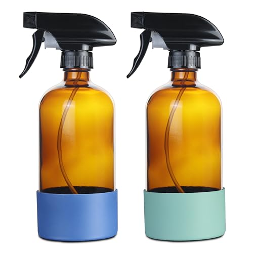 Vitachy 2 Uds Pulverizador Vidrio Ámbar 500ml Base de Silicona. Botella Spray Glass Bottle para Agua Limpieza Peinado Mascotas. Aerosol atomizador (Azul y Eucalipto)