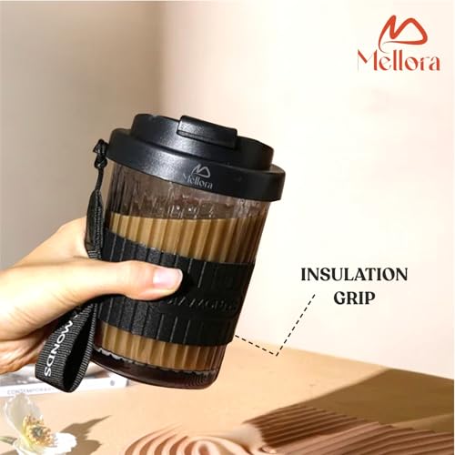Image of MELLORA Premium Hustler Black Sipper Tumbler - 400ml | Rubber Grip Mug with Anti - Leak Proof Lid for Hot & Cold Beverages | Wide Mouth Transparent Flask | Perfect for Office & Travel - Black