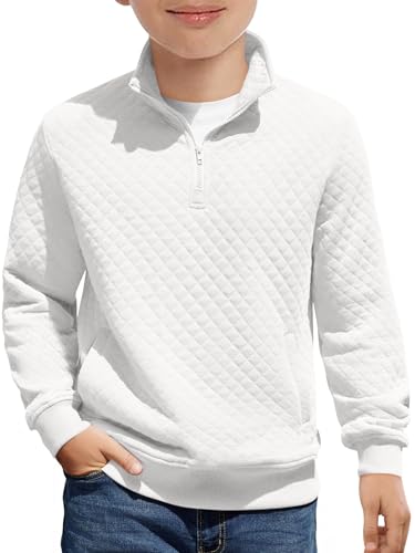 Haloumoning Boys Quarter Zip Quilted Sweatshirts Kids Fashion Long Sleeve Pullover Clothes 5-14 Years White