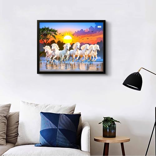 Image of 7 Horses Painting with Frame for Vastu - Rising Sun Wall Decor Painting | 7 Horses Wall Decor Photo Frame 12 x 18 inch | Modern Art Wall Painting for Living Room, Bedroom & Home Decoration