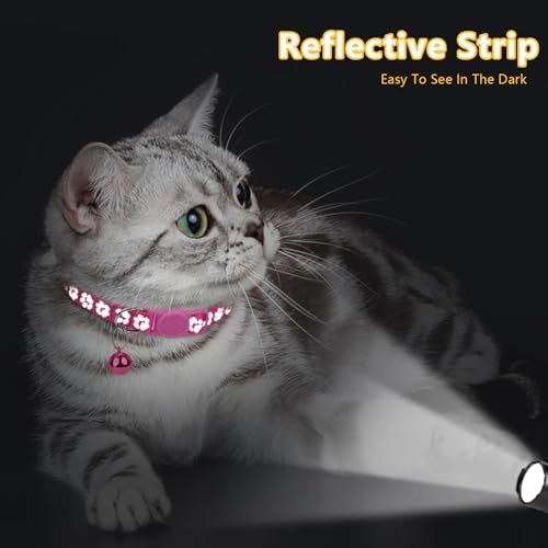 Image of Taglory Reflective Cat Collar Breakaway with Bell, High Visibility Night Strip, Lightweight Adjustable Nylon Collar for Boy Girl Cats, 2 Pack, 7.5-12.5 Inch, Hotpink