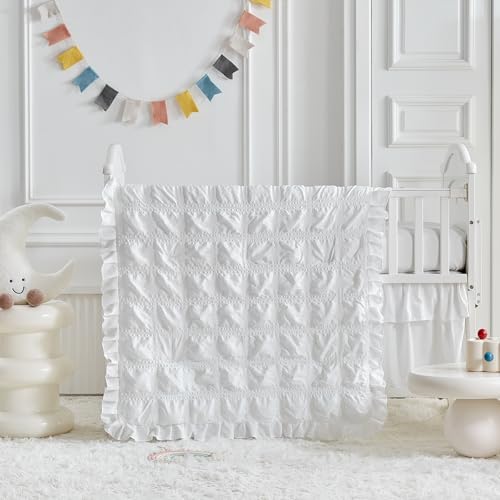Image of Ruffled Mini Crib Bedding Set Baby Boho Quilted Comforter with Fitted Sheet and Bed Skirt - Cute Soft Breathable Seersucker Shabby Bedding Soft Blanket Only for Mini Crib White
