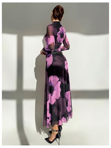 Image of Verdusa Women's Floral Wedding Guest Dress Long Sleeve Mesh Slimming Cocktail Vacation Maxi Dresses