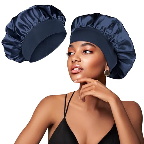 Satin Bonnet Silk Bonnet for Curly Hair, Silk Hair Wrap for Sleeping, Night Sleep Cap for Women (Black/Red) (Navy Blue), M