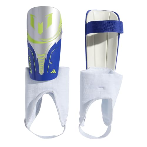 adidas Unisex-Child Messi Match Shinguard (Silver Metallic/Lucid Blue/Solar Yellow, Medium)