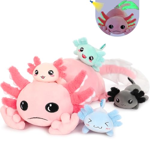 MorisMos 5 stücke Axolotl Plüschtiere Rosa Set, 81cm lang groß Axolotl Mama Stofftier mit 4 Süßen Plüsch Babys im Bauch, Weich Flauschiges Kuscheltier Geburtstag Kinder Baby