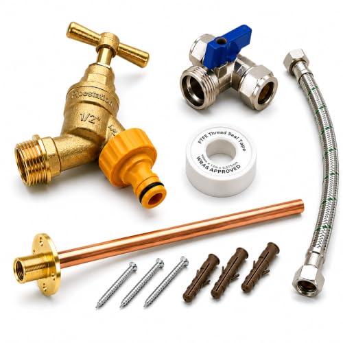 Complete Outside Tap Kit with Brass Garden Tap Isolating Valve Wall Plate Elbow PTFE Tape Hose Connector & Flexible Pipe Outdoor Garden Tap Installation Kit for DIY Self Install