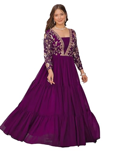 Image of FOXDX Womens Faux Georgette Sequence Embroidered Ankle Length Anarkali Gown for Women| Festival | Trending |