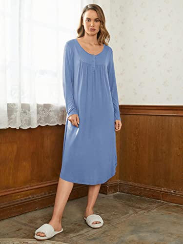 Sunnyme Nightgowns For Women Long Sleeve Sleepshirt Solid V-Neck Pleated Sleepwear Pajama Dresses Curve Hem Loungewear Blue Large #TOP1