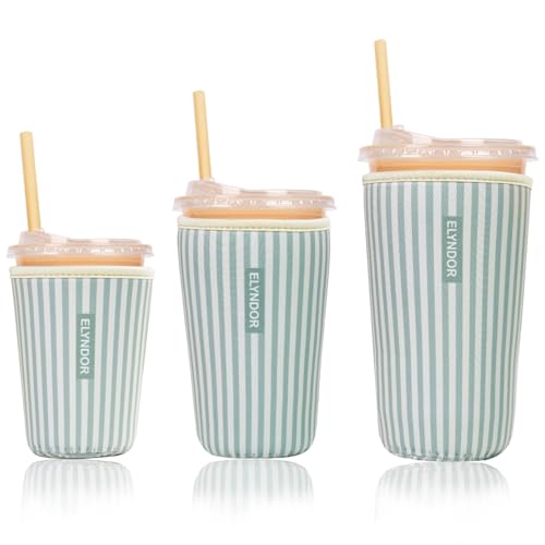 Image of Reusable Insulated Sleeve for Iced Coffee Cup, 3-Pack Coffee Neoprene Drink Sleeve for Cold & Hot Drinks, Beverage Holder for Iced Coffee (Green Stripes)