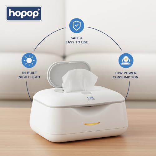 Image of Hopop Baby Wipes Warmer | Universal Design,Fits almost All Baby Wet Wipes Dispenser | Keep Your Baby's Wipes Warm and Cozy | Easy & Convenient to use | In Built Night Light | White