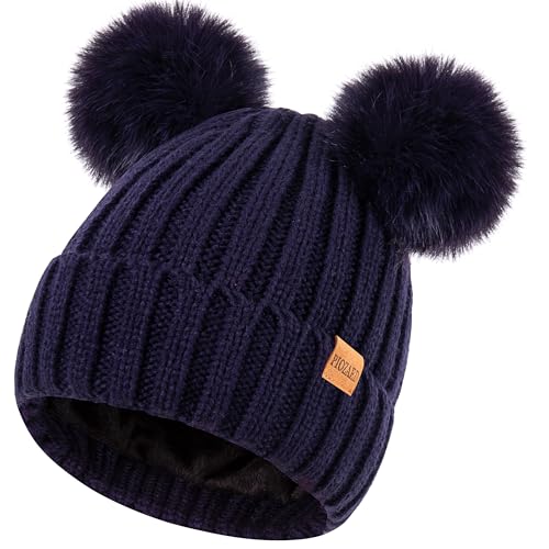 Women's Winter Warm Knit Beanie with Faux Fur Pom Skull Cap Cozy Fleece Lined Hat for Women Navy