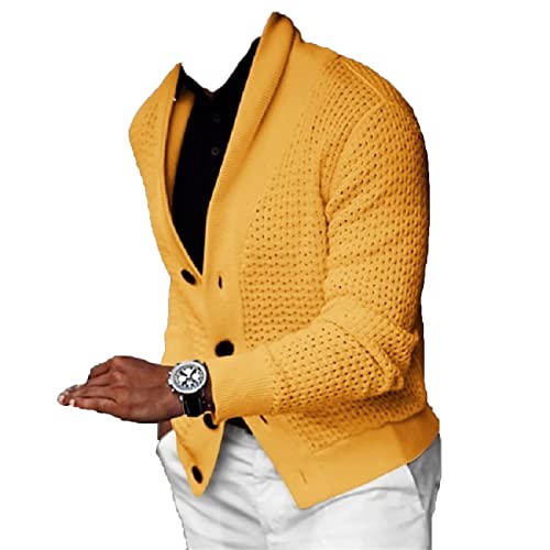 Men's Shawl Collar Cardigan Sweater Long Sleeve Regular Fit Cable Chunky Knit Button up Wool Blend Sweater (Yellow,Small)