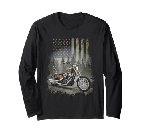 American Flag Motorcycle Tshirt USA Flag Biker Retro Long Sleeve T-Shirt