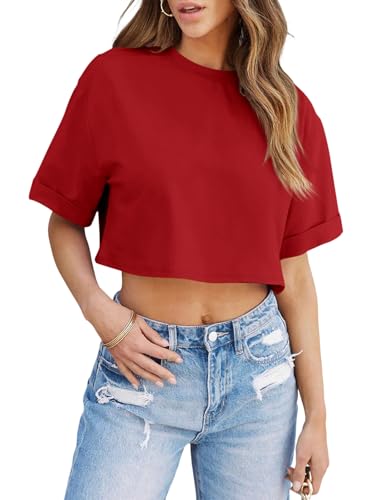 Image of Tankaneo Women Crop T-Shirts Half Sleeve Drop Shoulder Cropped Tops Y2K Casual Summer Basic Tees