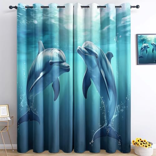 Créatures Aquarelles Rideau Occultant, Créatures sous Marines Dauphins Rideau Thermique Isolant Anti Froid et Anti Bruit, Rideau Décoratif à Oeillets pour Salon,...