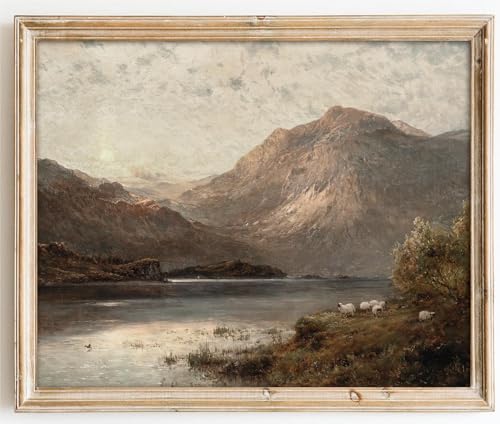 Vintage Landscape Wall Art, Vintage Art Prints for Wall Decor Scotland Highland Mountain Sheep Lake Canvas