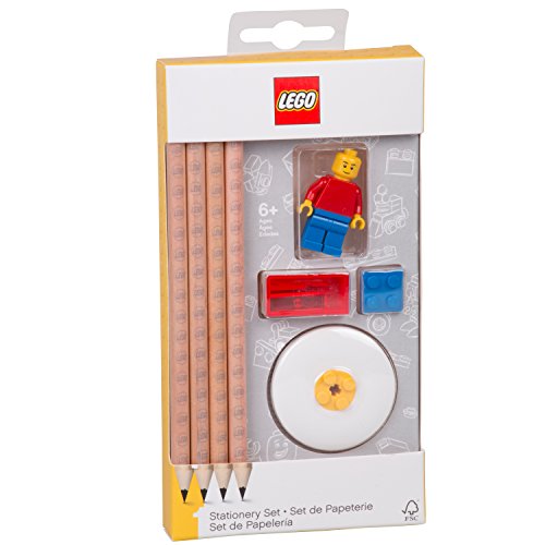 Lego Bleistifte Schreibwaren Set mit Minifigur - 4 Bleistifte 1 Bleistiftaufsatz 1 Bleistiftspitzer 1 Radiergummi Kinder Schulschreibset Lego schulsachen Geschenk - ab 6 Jahren