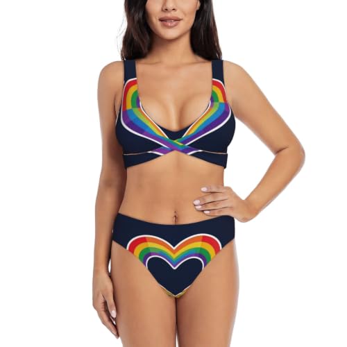 Bikini croisé pour femme motif heart rainbow maillot de bain deux pièces