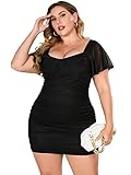WDIRARA Women's Plus Size Butterfly Sleeve Sheer Mesh Ruched Bodycon Dress Black 1XL