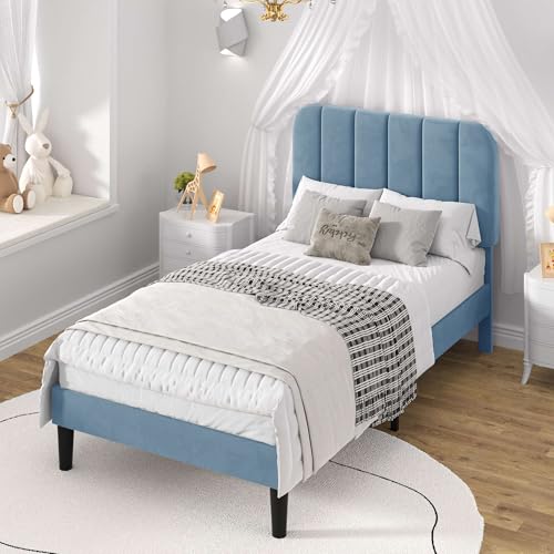 Image of VECELO Twin Size Bed Frame with Upholstered Headboard, Velvet Platform Bedframe Mattress Foundation, Strong Wood Slat Support, No Box Spring Needed,Sky Blue