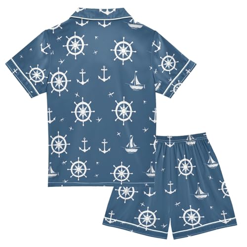ALAZA Blue Nautical Anchor Pajamas Satin Pajama Set Short Sleeve Button Down Sleepwear2