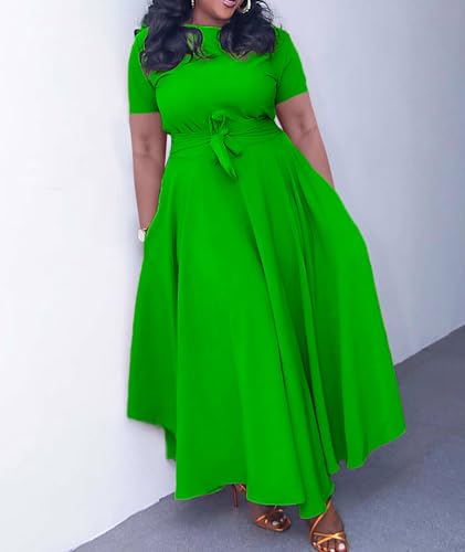Image of SOMTHRON Women's Casual 3 /4 Sleeve Long Maxi Dress A-Line Flared Solid Wrap Tie Waist Swing Dresses