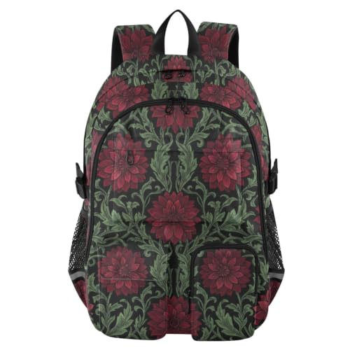 Mochila de viaje para laptop William Morris de dalias rojas y fondo negro escolar