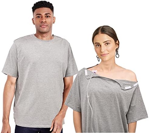 Uni-Sex Post Shoulder Surgery Shirt & Rehab Shirt with Upgraded Hook Loop On Fasteners, Convenient and Quick, Chemo Clothing, Short Sleeve Shirt Men & Women (Large, Gray)