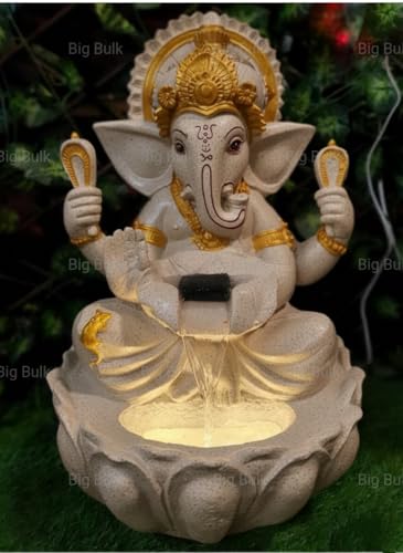 Kamal/Lotus Ganesh Gannpati Fiber Indoor Outdoor Fountain with Led Lights for Home Decor and Office Decoration Or Gifting (Lotus Ganesh Beige Small)
