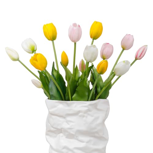 LINSIE 15 Pcs White-Light Pink-Yellow Artificial Tulips Fake Flowers, Premium Latex Lifelike Texture, UV Resistant Waterproof Faux Tulip Bouquets with Snap-on Petals for Outdoor, Home, Wedding Decor