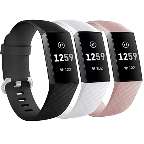 Cone 3 Packs Silicone Bands for Fitbit Charge 4/ Fitbit Charge 3/ Charge 3 SE, Silicone Fitness Sport Wristbands for Women Men Large (Black/White/Pink)