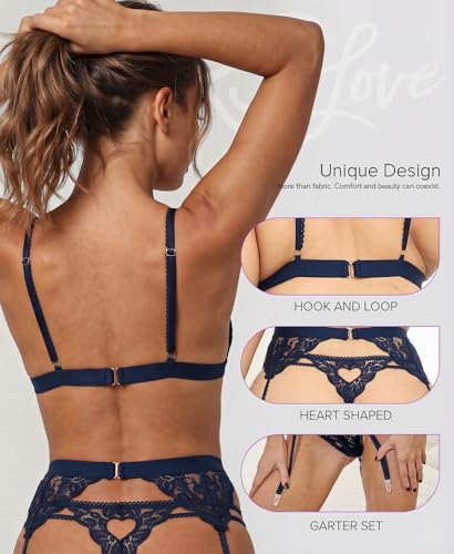 Image of RSLOVE Women Lingerie Set with Garter Belt | Heart Cutout Lace Design, Adjustable Fit, Soft Stretch Fabric, 3 Piece Romantic Lingerie Set