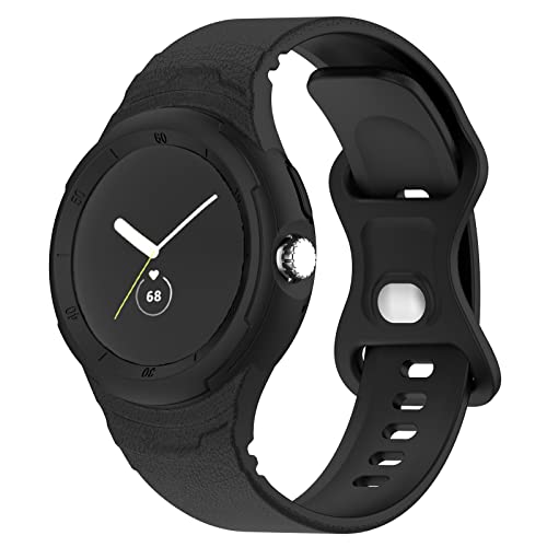 Miimall Silicone Band Compatible with Google Pixel Watch Strap with Case, Soft Silicone Sports Shockproof Waterproof Band with Bumper Case Adjustable Replacement Strap for Pixel Watch-Black