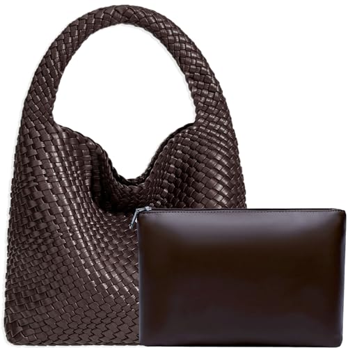 Image of JINMANXUE Woven Tote Bag for Women, Fashion Hobo Handbag, Travel Top-handle Shoulder Bag, Beach Underarm Bag with Purse (Mocha Coffee)