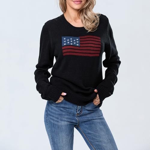 Image of Womens American Flag Sweater Long Sleeve Crew Neck Star Graphic Knit Pullover Tops Casual Loose USA Sweater
