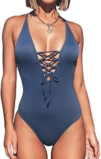 CUPSHE Women's Remind Me Solid One-Piece Swimsuit Bathing Suit,Blue,Medium (USA 8/10)