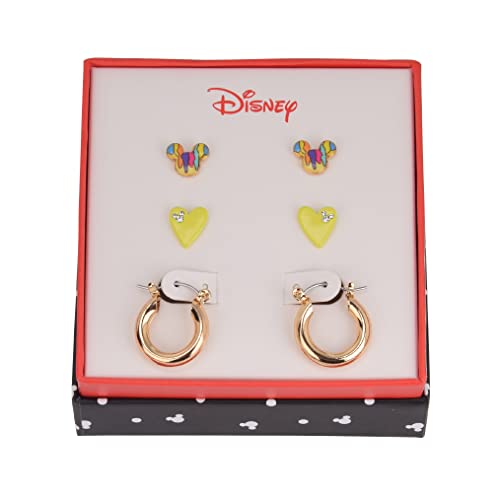 Disney Mickey Mouse Heart Stud And Huggie Hoop Earrings, Set Of 3 Pairs For Women, Girls In Authentic Jewelry Gift Box, Gold Tone, Enamel Charms With Crystal Accent, Post Closure #TOP3
