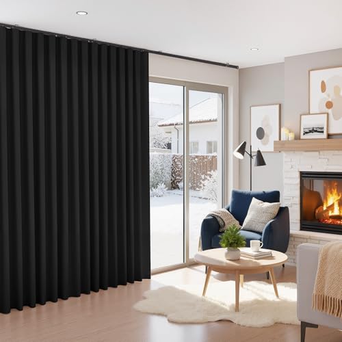 Image of RYB HOME Total Blackout Curtain for Bedroom /Office, 120 inches Wide Drape for Living Room Big Window, 96 inches Long Sliding Door Curtain, Room Partition Divider, Black, 1 Panel