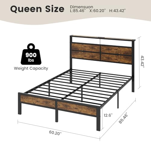 Image of Queen Size Bed Frame with LED Lights and USB Type C Charging Headboard | Brown Metal Platform Bed, Charging Station, Storage Shelf, Noise Free, No Box Spring Needed