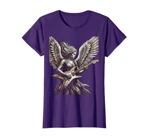 Winged Guitarist Flying-V Rock Band Graphic T-Shirt, Women, Purple, Small