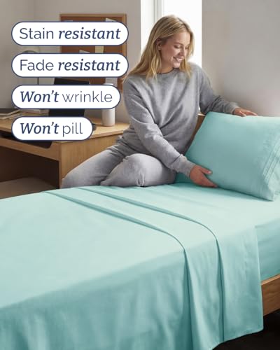 Image of Twin XL 4 Piece Sheet Set - College Dorm Room Essentials - Spa Blue | Ultra Soft Dorm Bedding Set, 8 inch to 16 inch Inch Deep Pockets, 1 Flat & 1 Fitted Sheet & 2 Pillowcases, Wrinkle & Fade Free