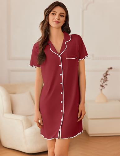 Image of Ekouaer Nightgowns for Women Button Down Sleep Shirt Short Sleeve NightShirts Boyfriend Sleepdress Soft Pajama Dress