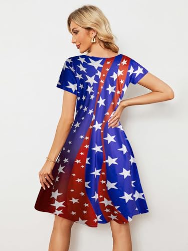 Image of LUKYCILD American Flag Dress Women 4th of July Patriotic Shirt USA Stars Stripes Dresses Sexy V- Neck Summer Sundress